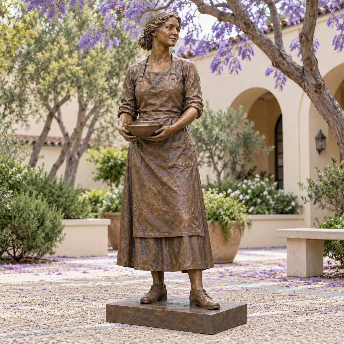 Opposite front three-quarter view of Maker's Pause bronze standing artisan with bowl sculpture.