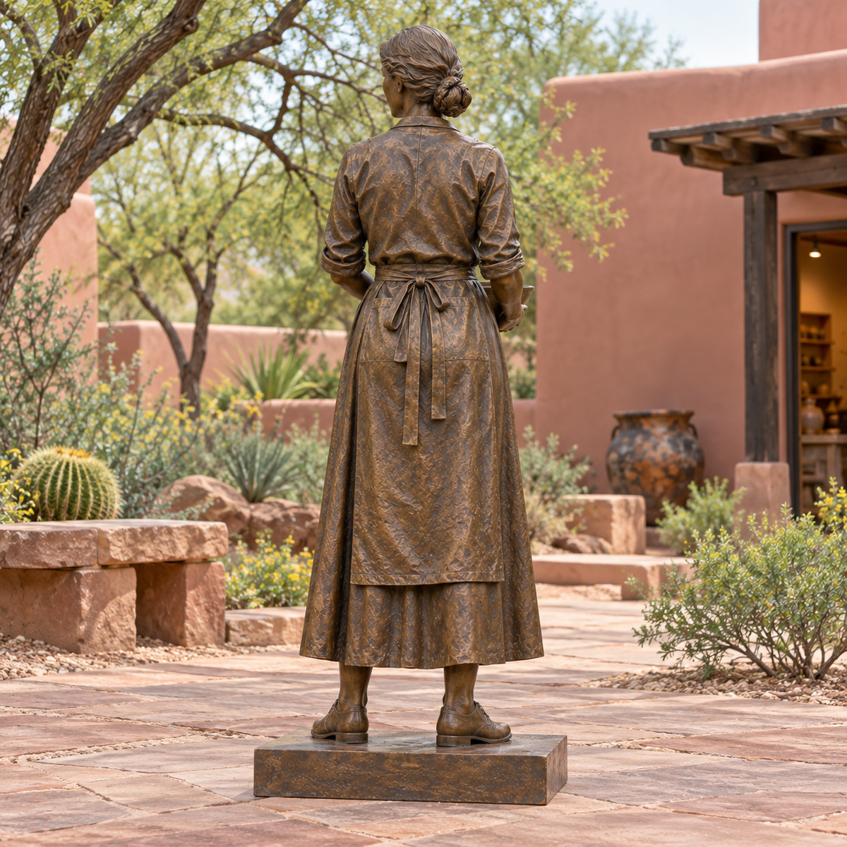 Rear view of Maker's Pause bronze standing artisan with bowl sculpture, showing the back and base.