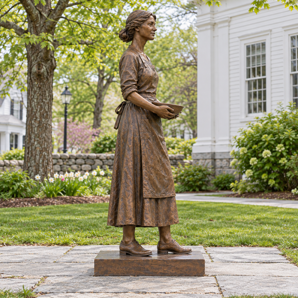 Side view of Maker's Pause bronze standing artisan with bowl sculpture.