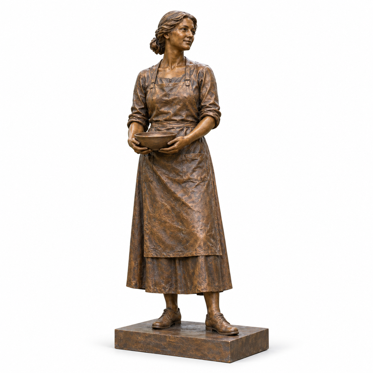 Maker's Pause bronze standing artisan with bowl sculpture isolated on a pure white background with a natural contact shadow.