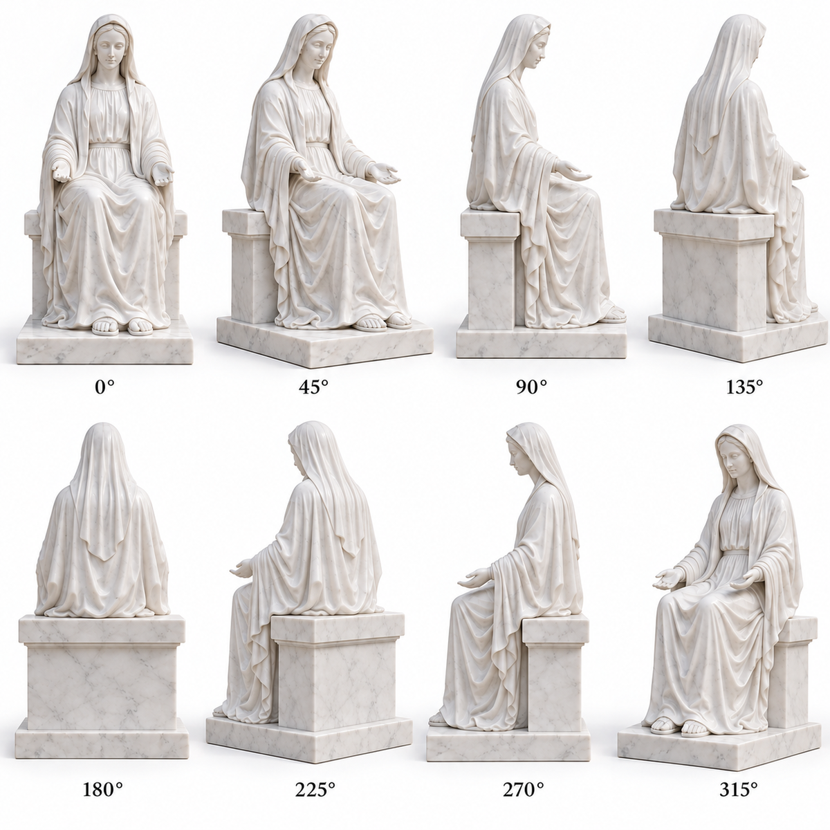 Eight labeled front, side and rear views of Mantle of Calm white marble seated virgin mary sculpture.