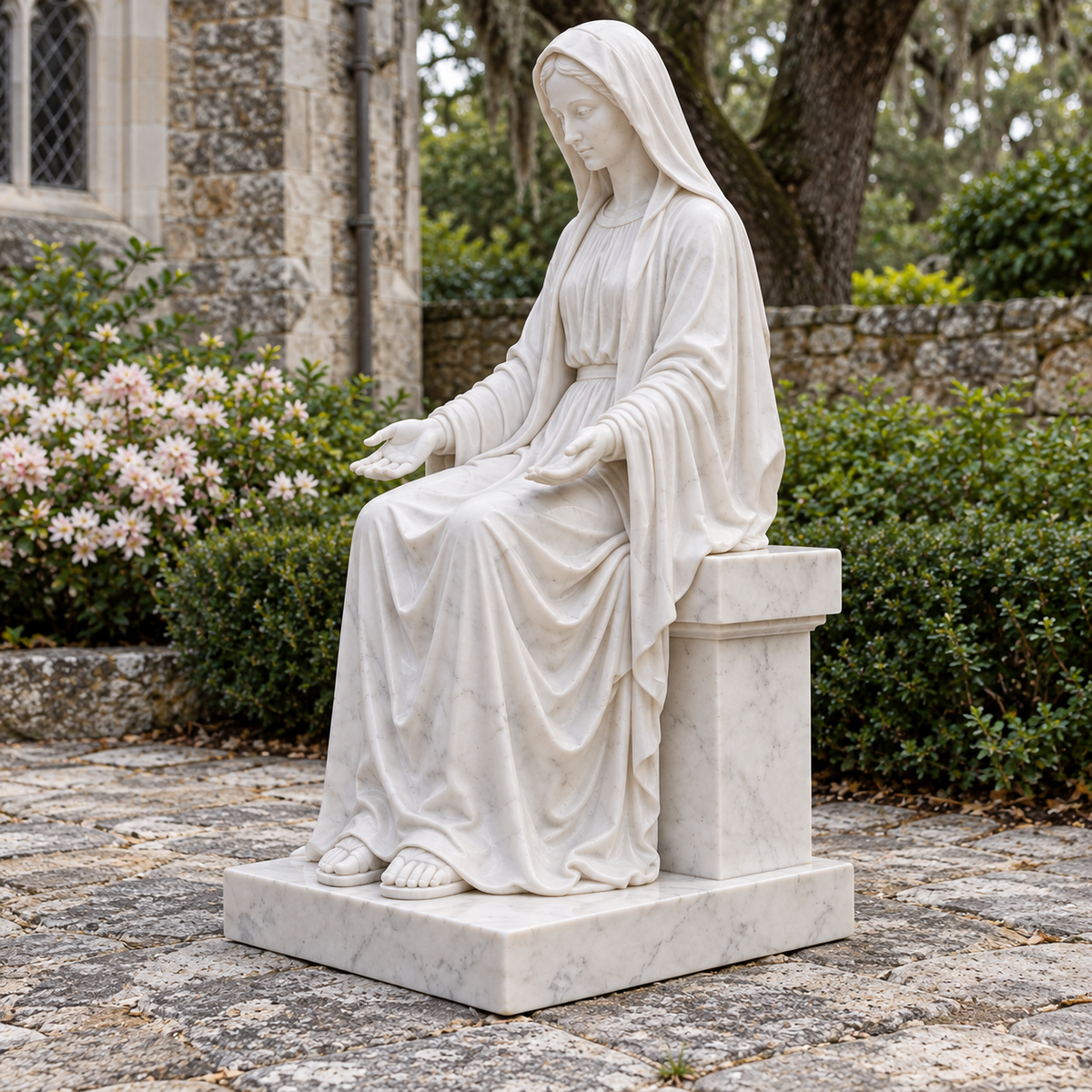 Opposite front three-quarter view of Mantle of Calm white marble seated virgin mary sculpture in a different garden setting.