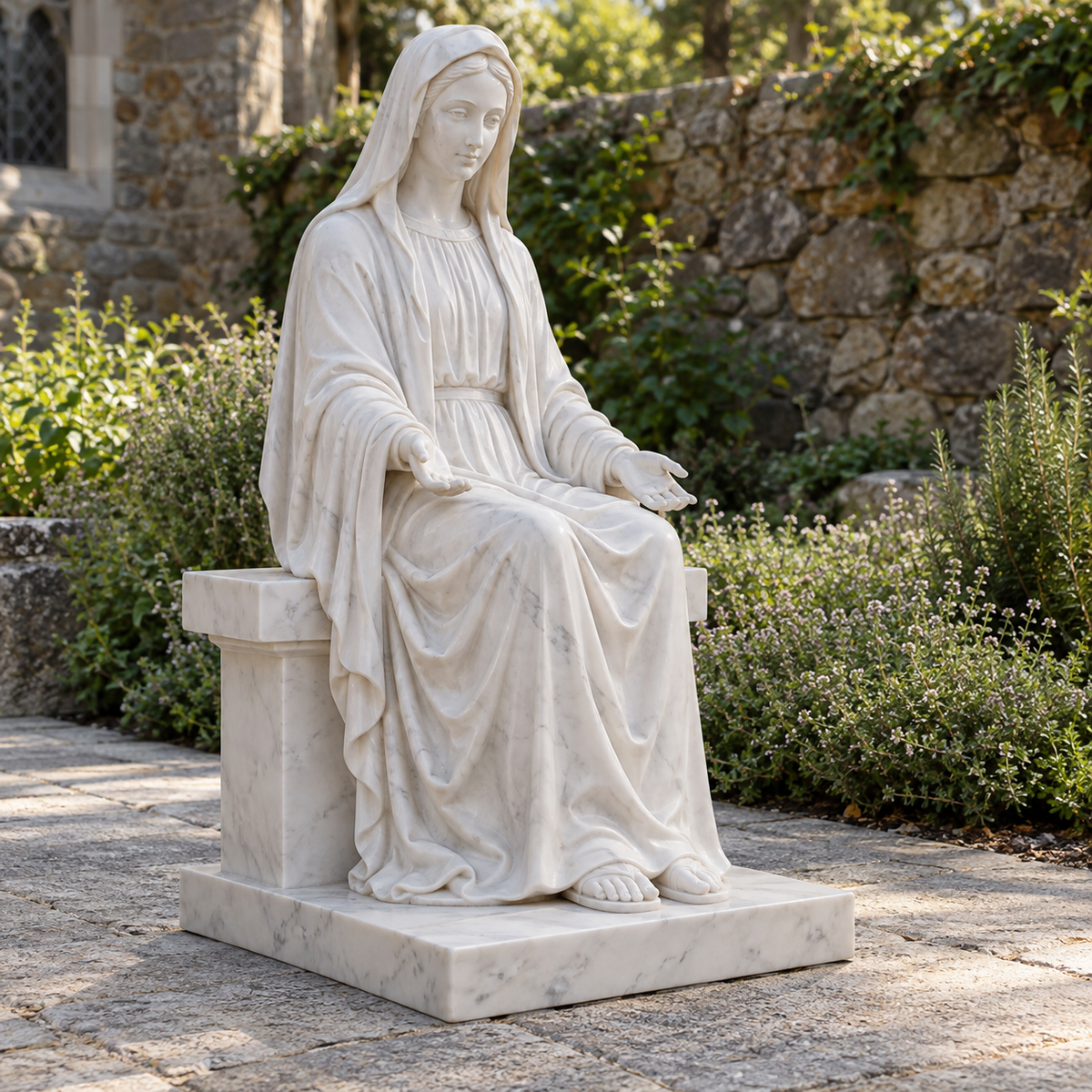 Mantle of Calm white marble seated virgin mary sculpture in a naturally lit outdoor setting.