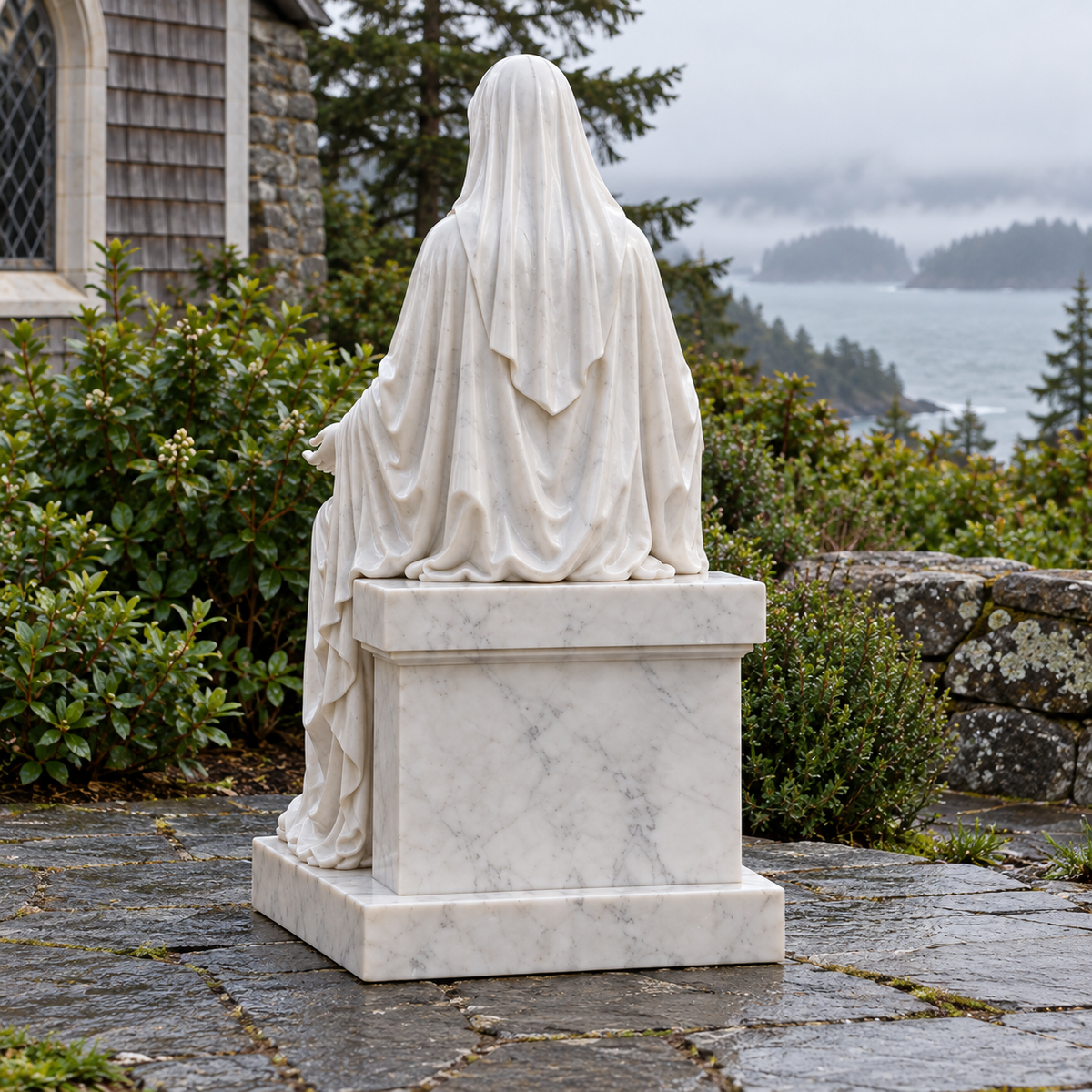 Rear view of Mantle of Calm white marble seated virgin mary sculpture showing the back and integral base.