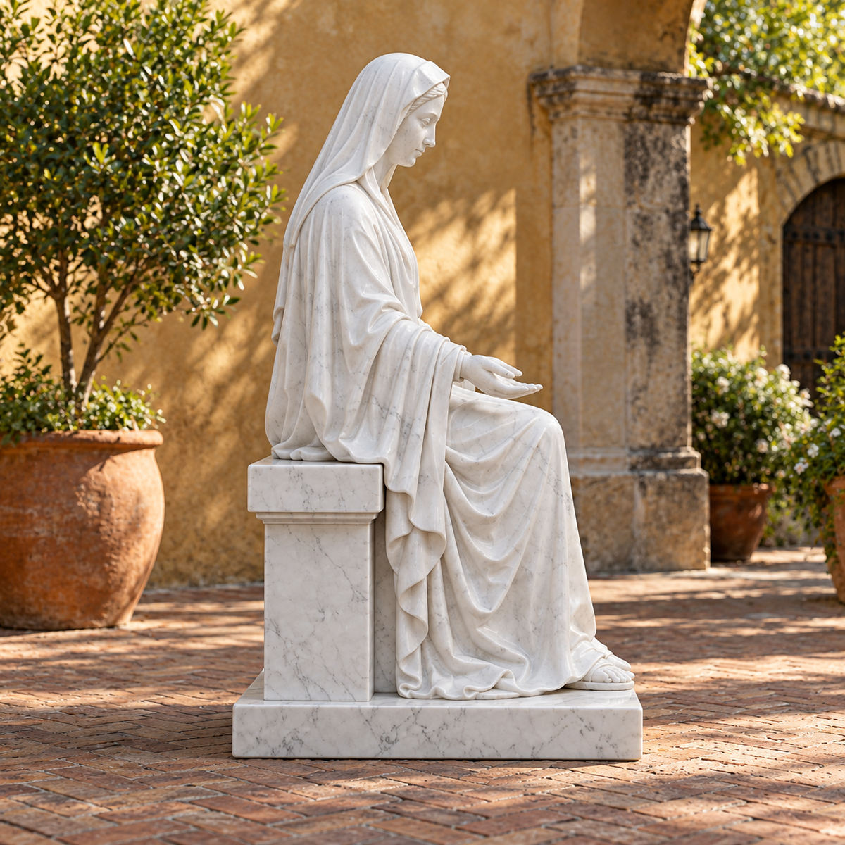 Side view of Mantle of Calm white marble seated virgin mary sculpture in a different outdoor setting.