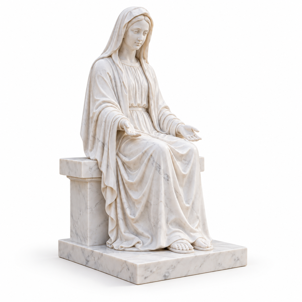 Mantle of Calm white marble seated virgin mary sculpture isolated on white with its integral base.