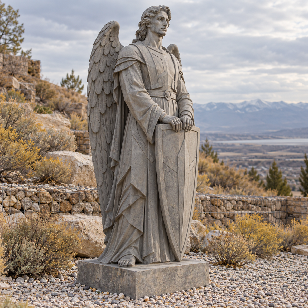 Mantle of Protection Stone Gray Fiberglass Standing Archangel sculpture in an architectural setting