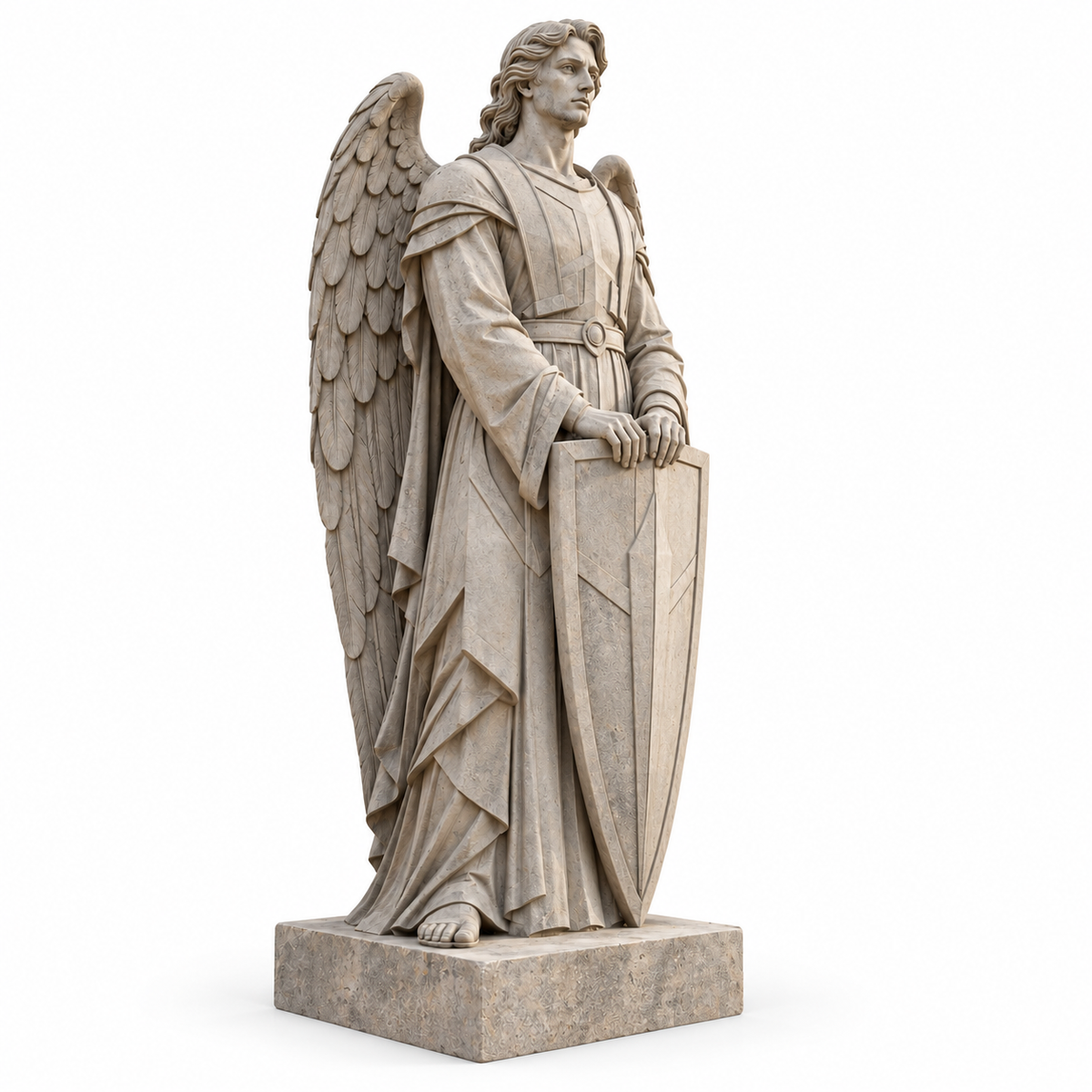 Mantle of Protection Stone Gray Fiberglass Standing Archangel sculpture on a white background