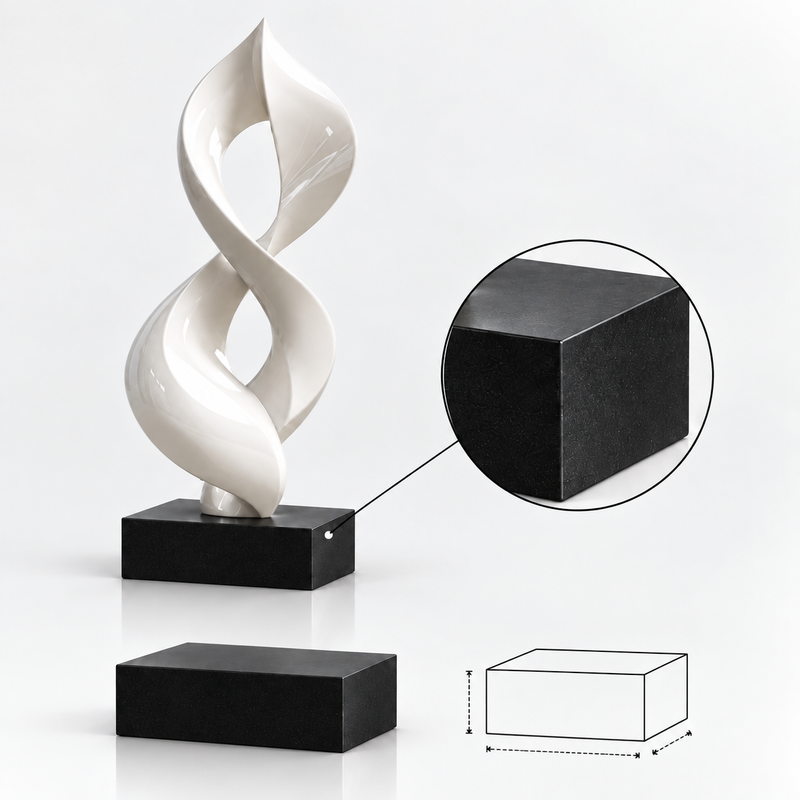 White abstract sculpture displayed on a matte black rectangular sculpture base