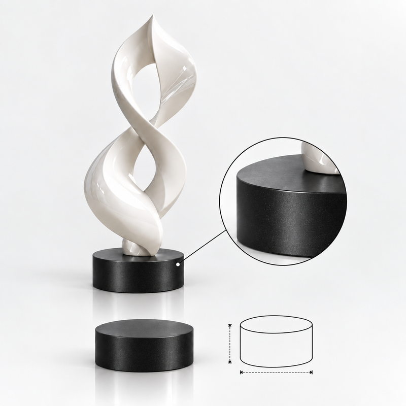 White abstract sculpture displayed on a matte black round sculpture base
