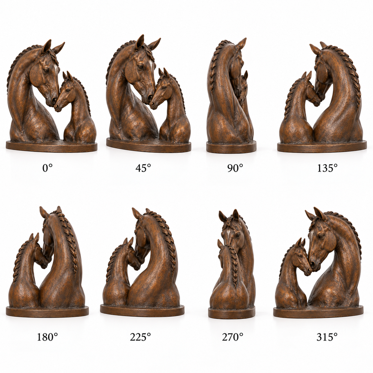 Eight labeled views of the Meadow Bond bronze mare and foal bust sculpture, showing the front, sides and rear.