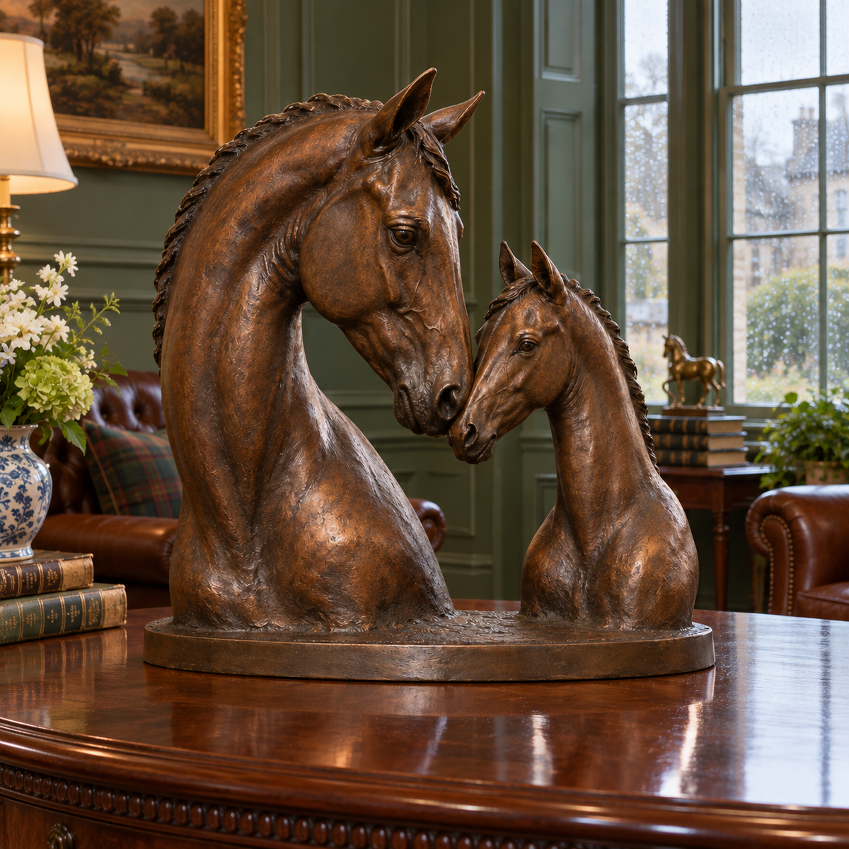 Opposite front three-quarter view of the bronze mare and foal bust sculpture in a Pennsylvania hotel lounge.