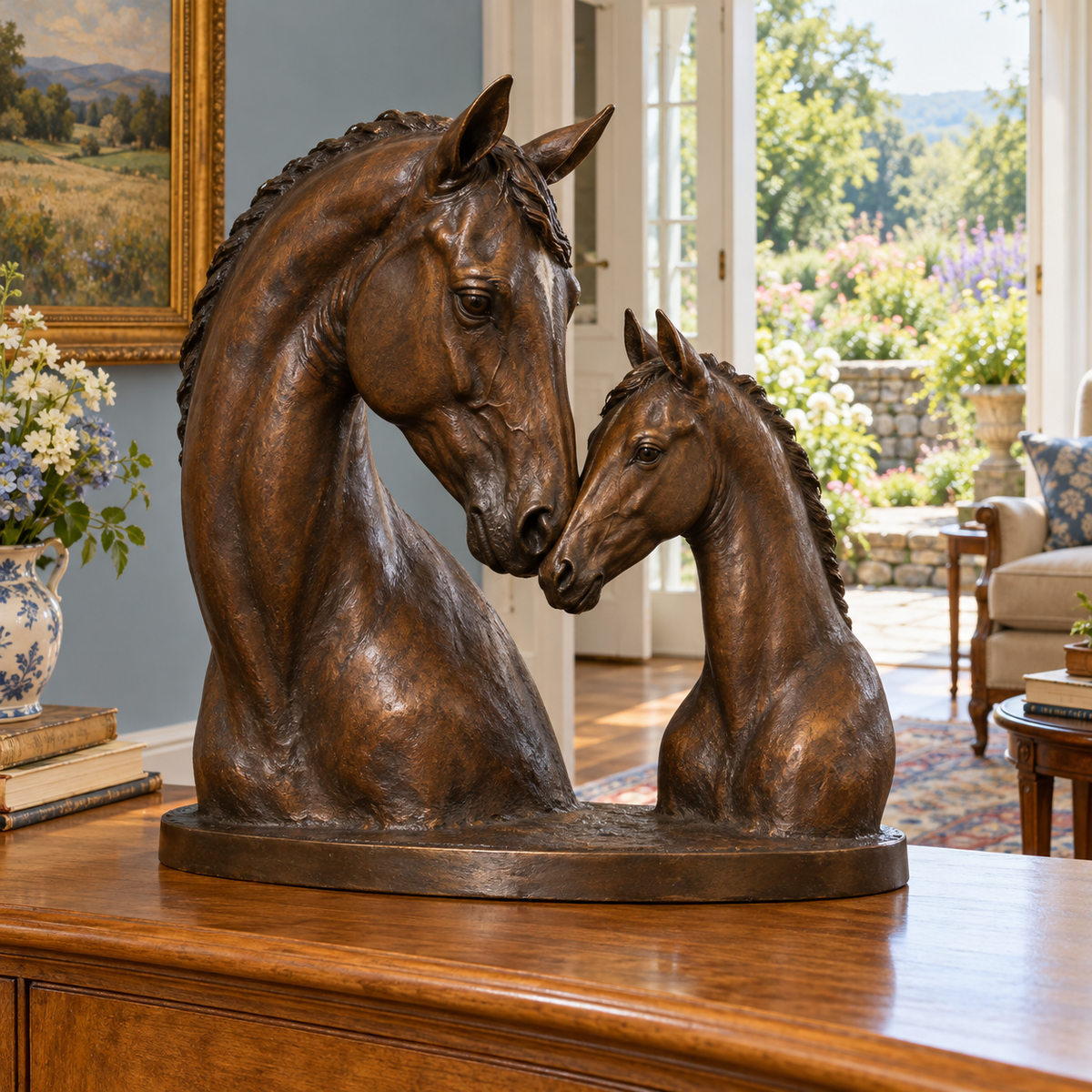 Meadow Bond bronze mare and foal bust sculpture displayed in a Virginia country house.
