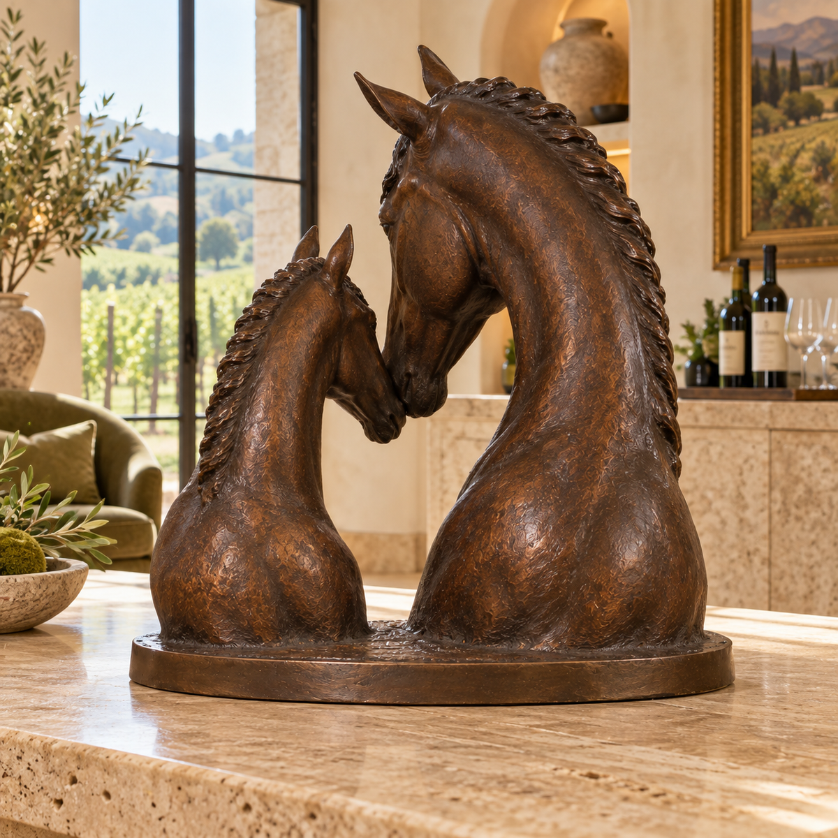 Rear view of the bronze mare and foal bust sculpture in a Napa tasting salon.