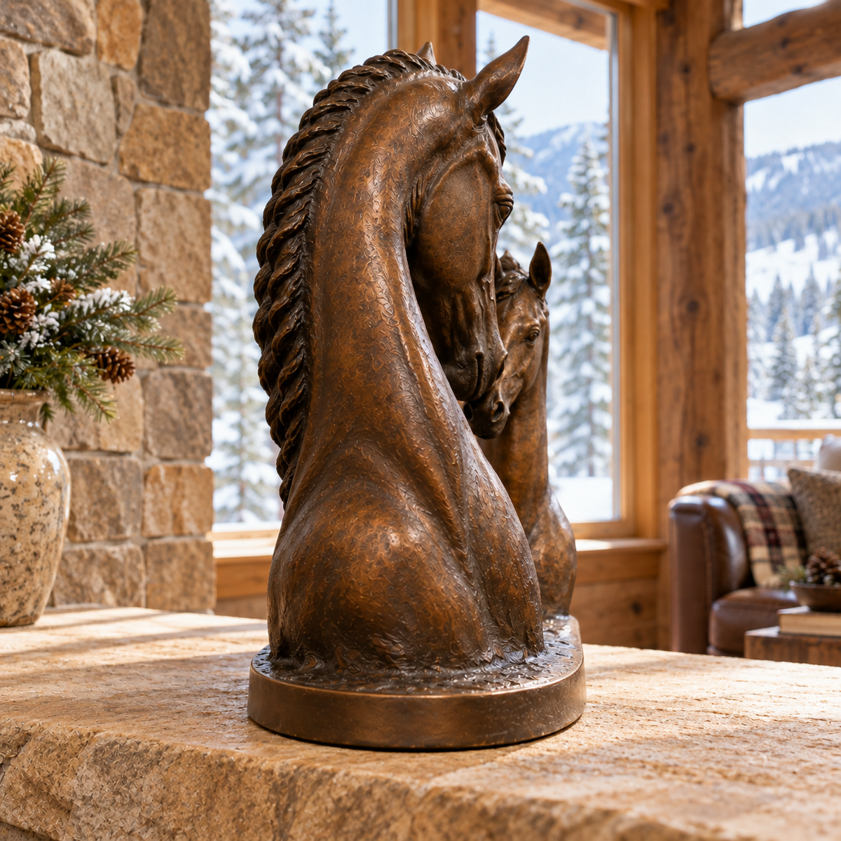 Side view of the bronze mare and foal bust sculpture in a Colorado mountain retreat.