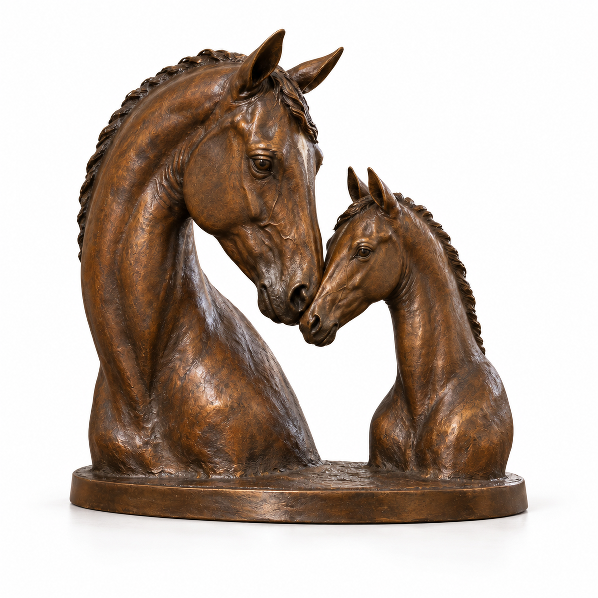 Meadow Bond bronze mare and foal bust sculpture with its base against a white background.