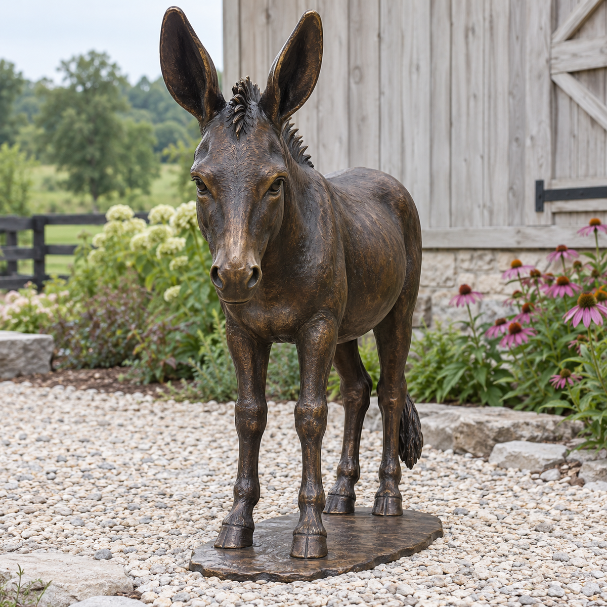 Meadow Listener, dark bronze standing donkey sculpture in a natural-light setting.