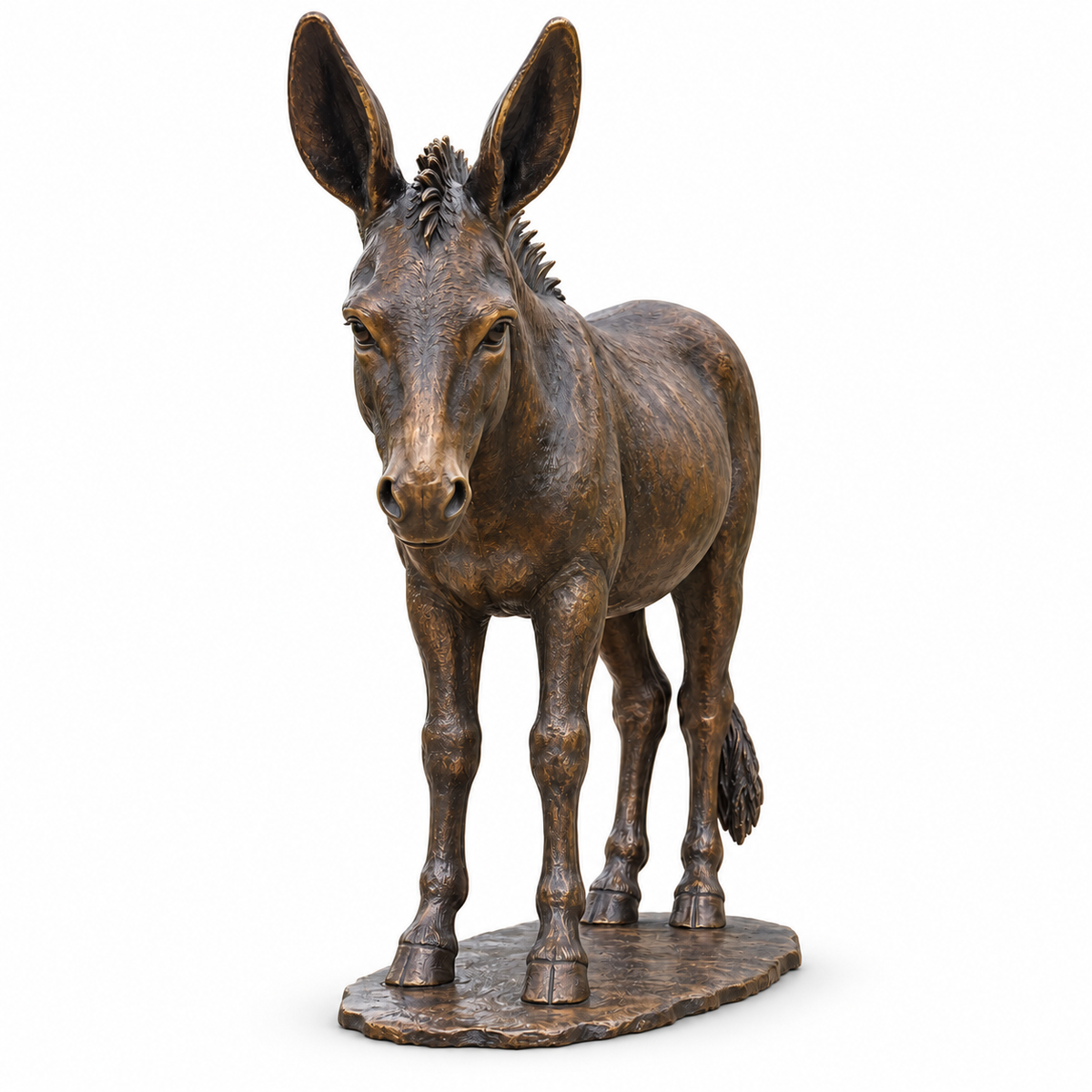 Meadow Listener, dark bronze standing donkey sculpture isolated on white with a soft contact shadow.