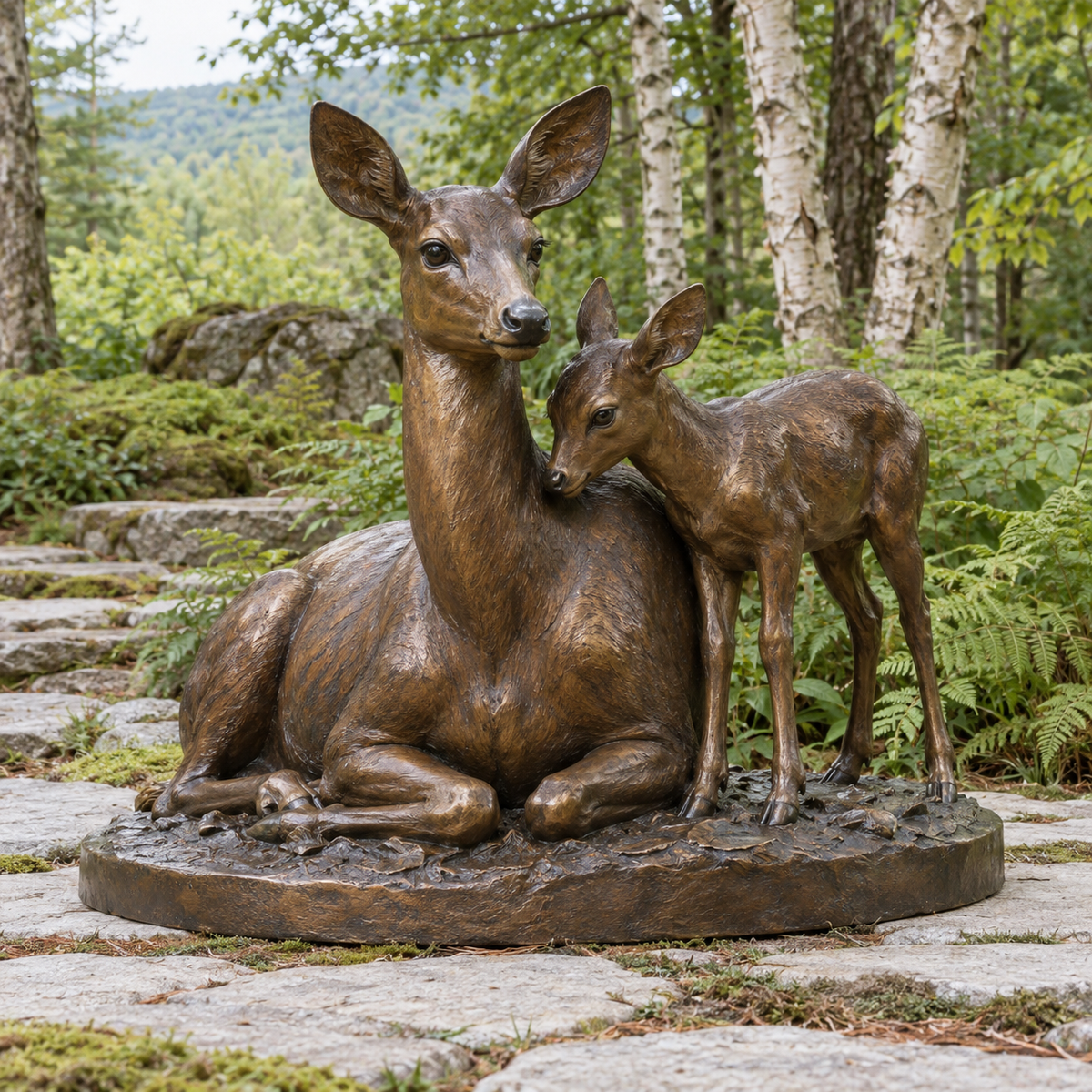 Meadow Shelter bronze resting doe and fawn sculpture photographed in natural light.