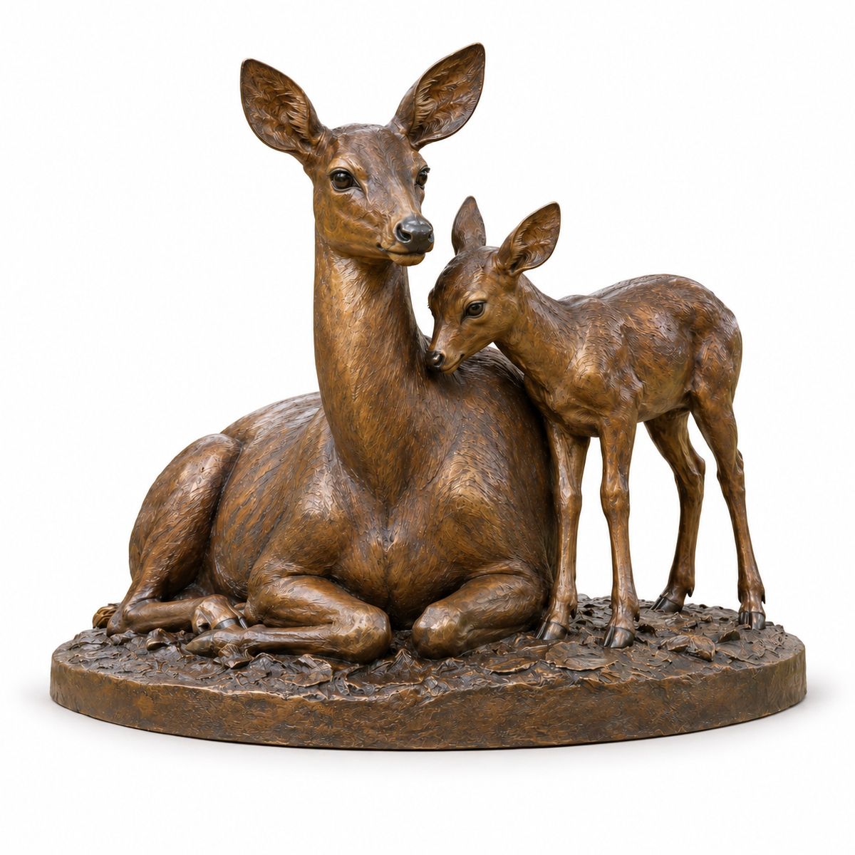 Meadow Shelter bronze resting doe and fawn sculpture on a pure white background with its base and natural contact shadow.