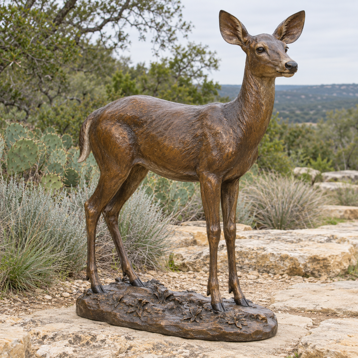 Meadow Watch, warm bronze white-tailed deer sculpture in a natural-light setting.