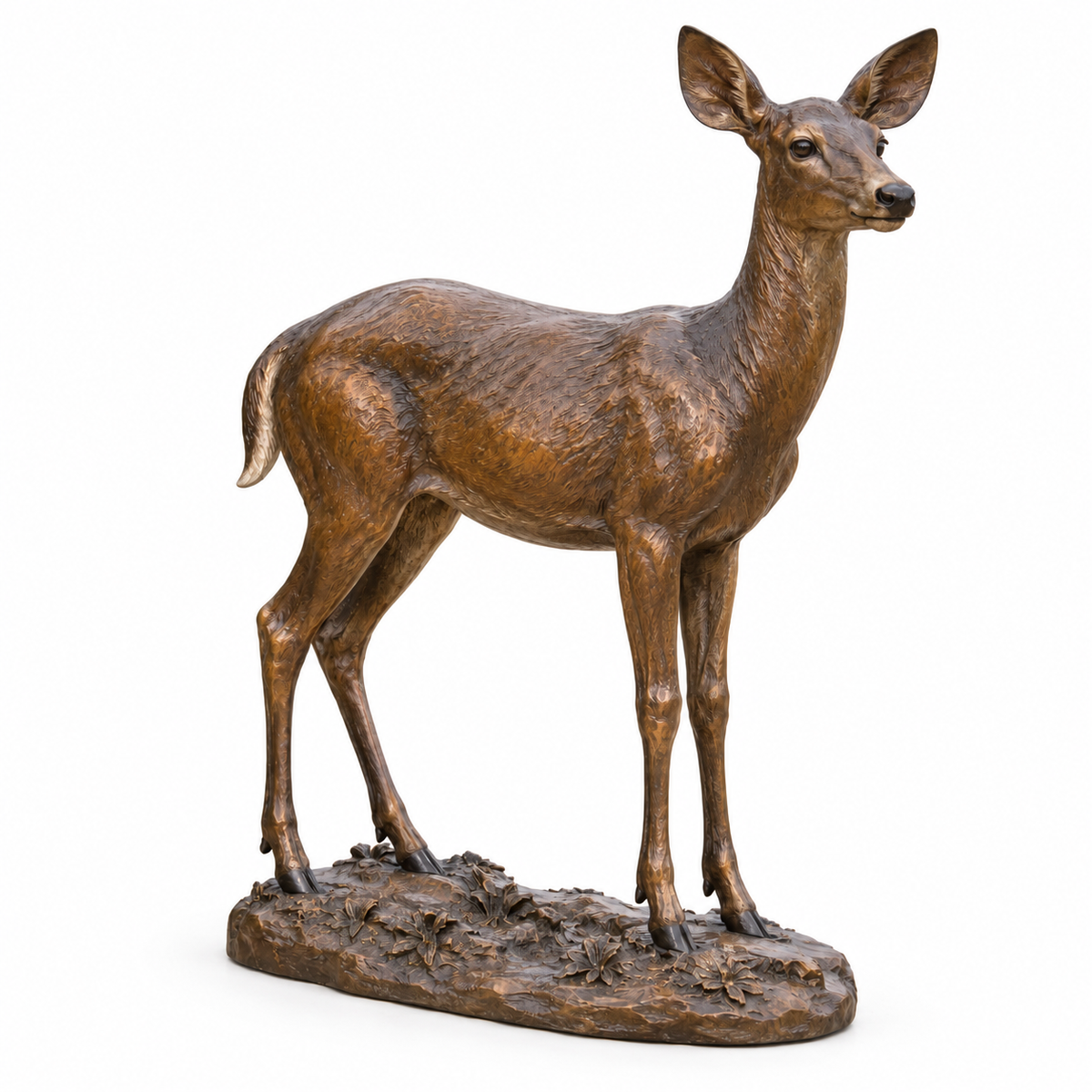 Meadow Watch Warm Bronze White-Tailed Deer sculpture - white background