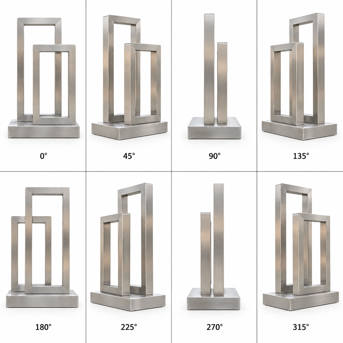 Measured Portals Brushed Stainless Steel Offset Rectangular Frames sculpture, eight views on a white background at 0, 45, 90, 135, 180, 225, 270 and 315 degrees.