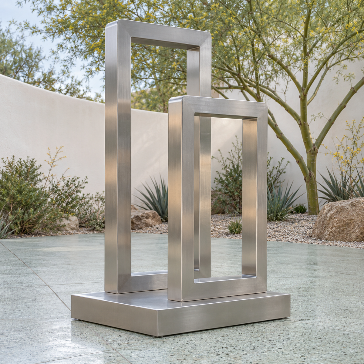 Measured Portals, brushed stainless steel offset rectangular frames sculpture in a natural-light setting.