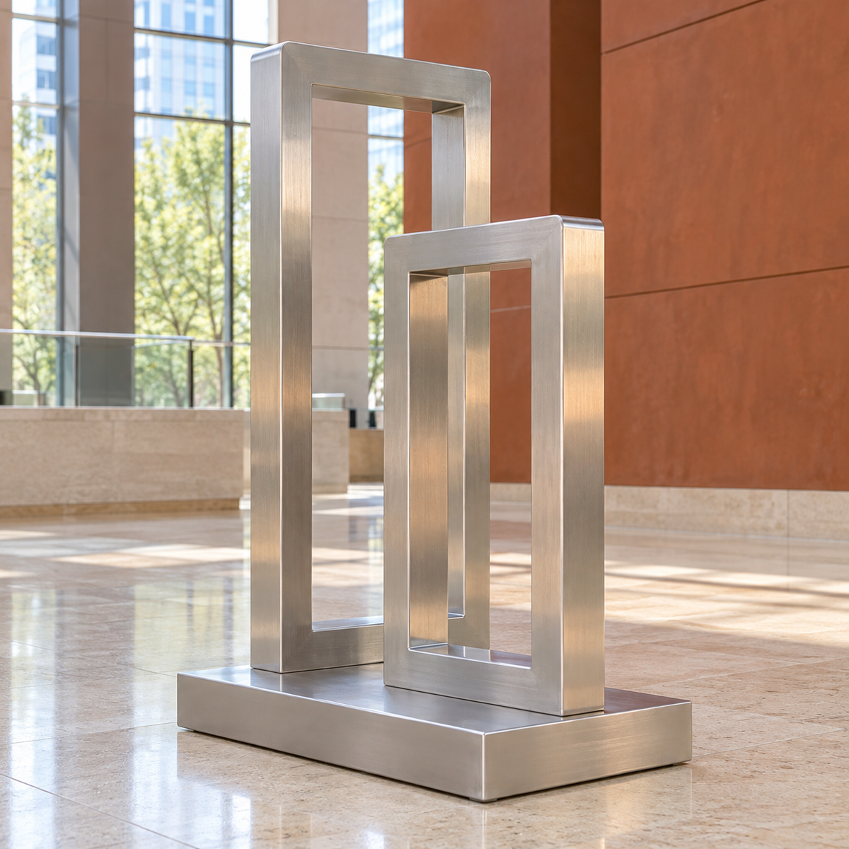 Measured Portals Brushed Stainless Steel Offset Rectangular Frames sculpture, 315 degree view in Dallas civic reading atrium with pale limestone floor, muted rust wall panels and natural daylight.