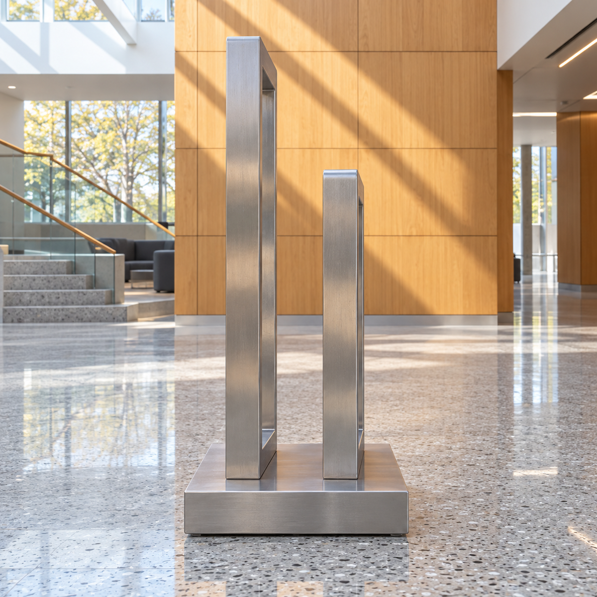 Measured Portals Brushed Stainless Steel Offset Rectangular Frames sculpture, 90 degree view in Boston university design commons with honey-colored wood wall, gray terrazzo floor and daylight skylight.