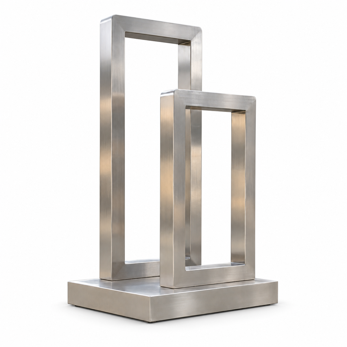 Measured Portals, brushed stainless steel offset rectangular frames sculpture isolated on white with a soft contact shadow.