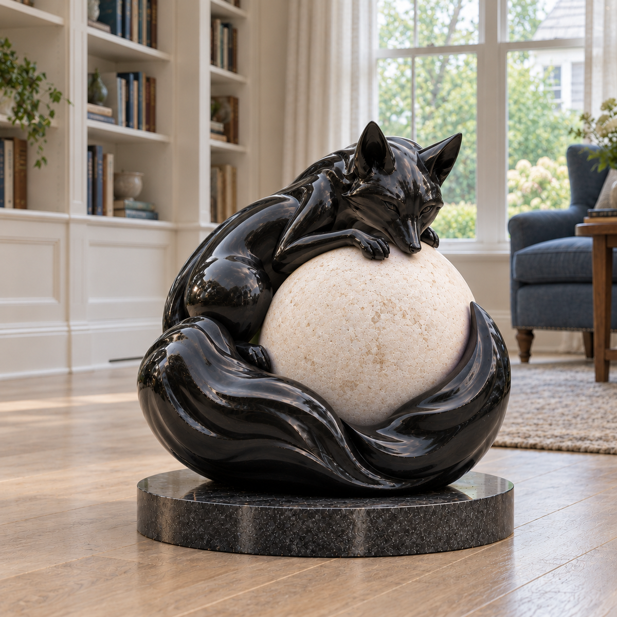 Midnight Embrace Black & Ivory Fiberglass Curled Fox Sphere Sculpture — bright reading room.