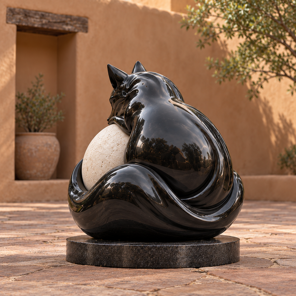 Midnight Embrace Black & Ivory Fiberglass Curled Fox Sphere Sculpture — terracotta courtyard viewed from behind.