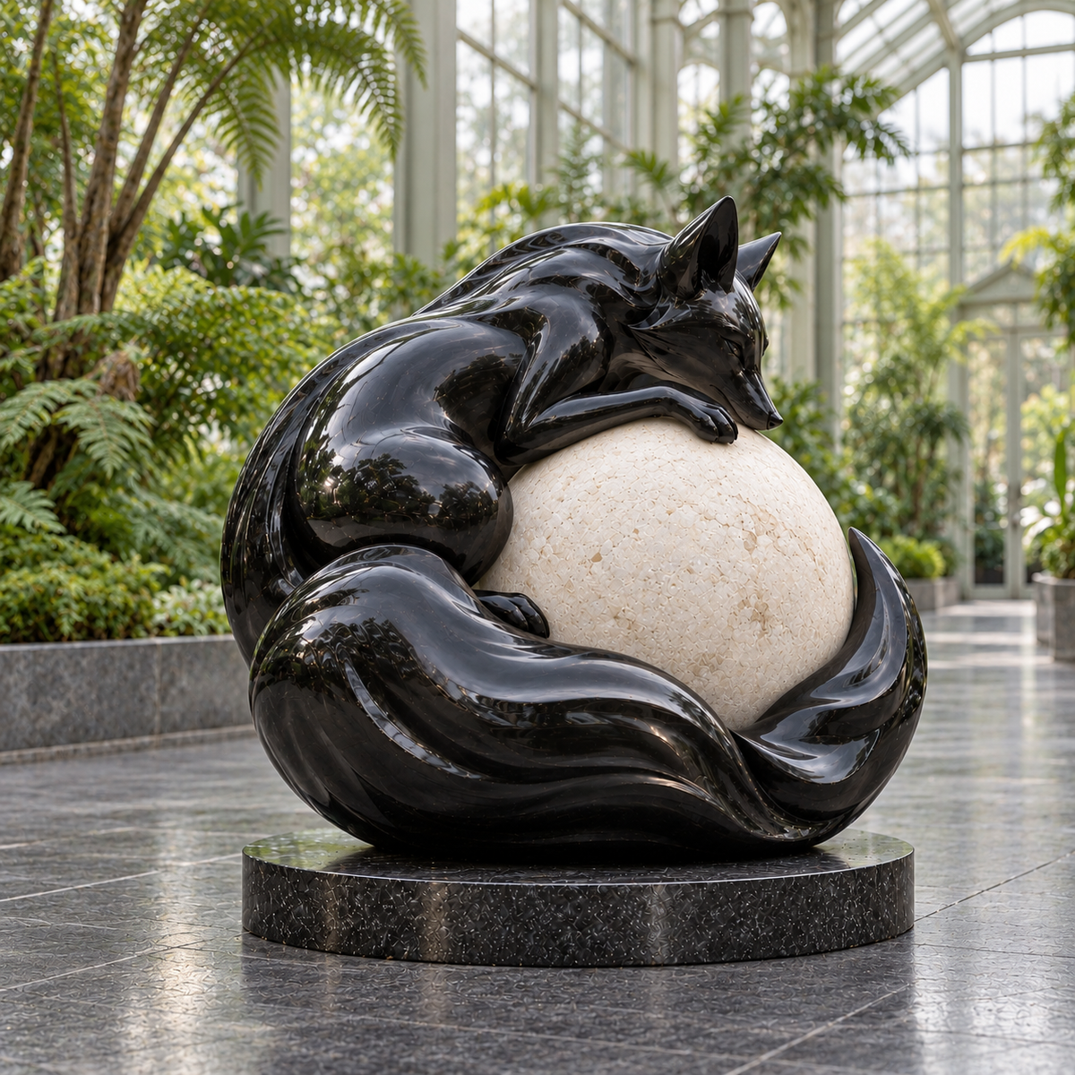 Midnight Embrace Black & Ivory Fiberglass Curled Fox Sphere Sculpture — tropical glass conservatory.