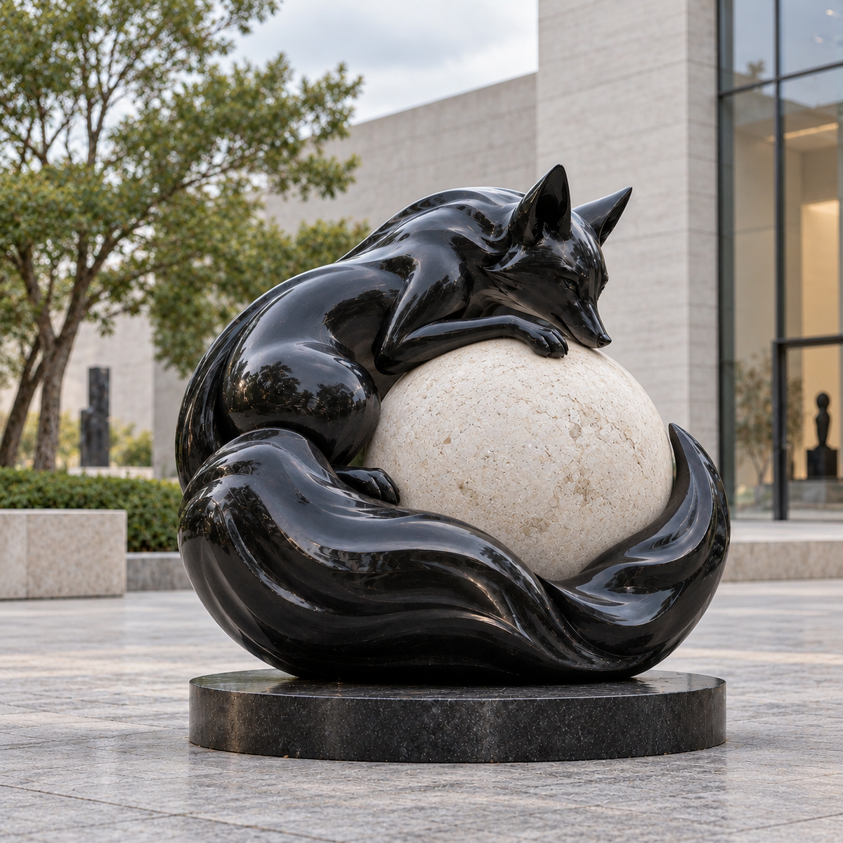 Midnight Embrace black and ivory fiberglass fox sculpture displayed in a modern outdoor plaza