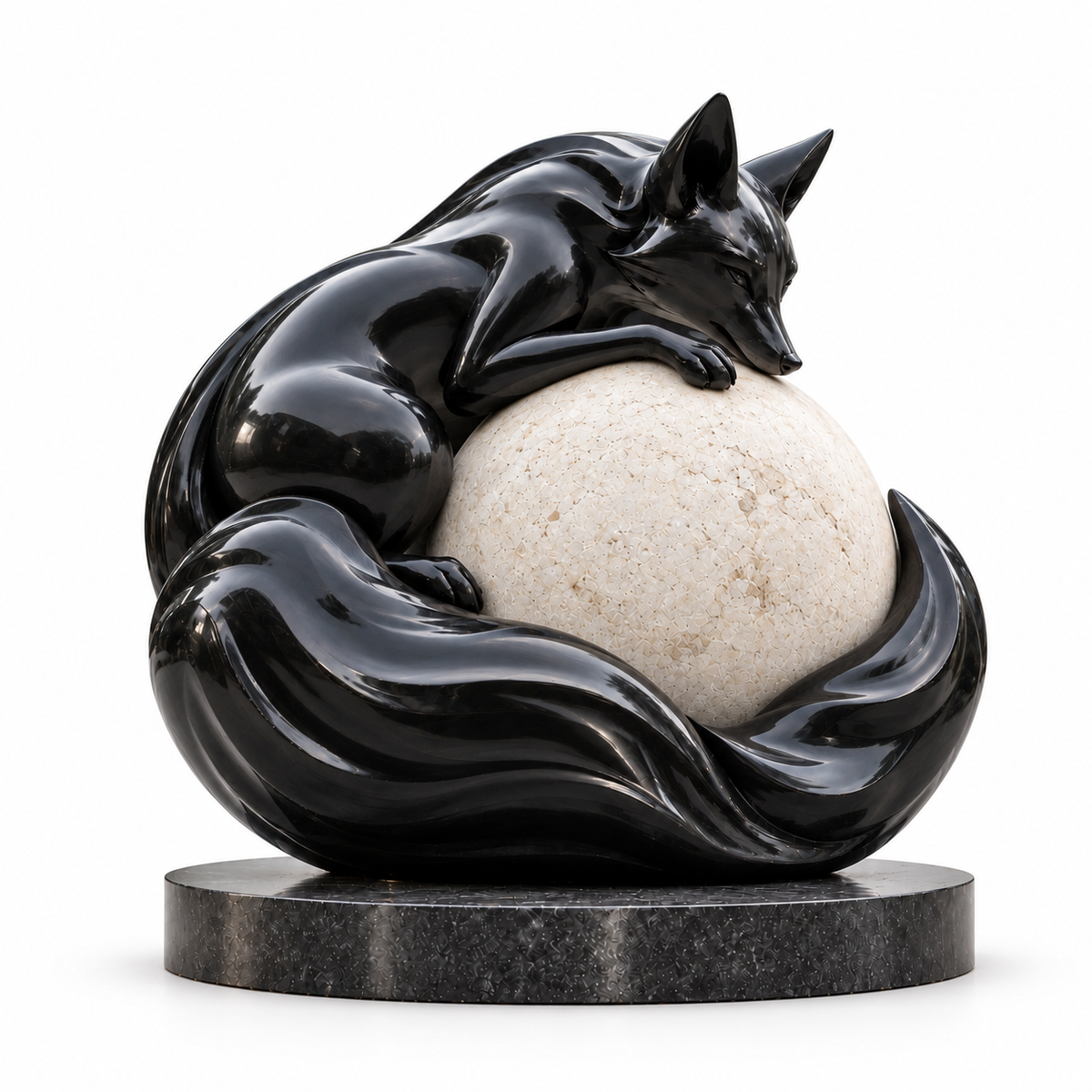 Black fiberglass fox curled around a textured ivory sphere on a white background