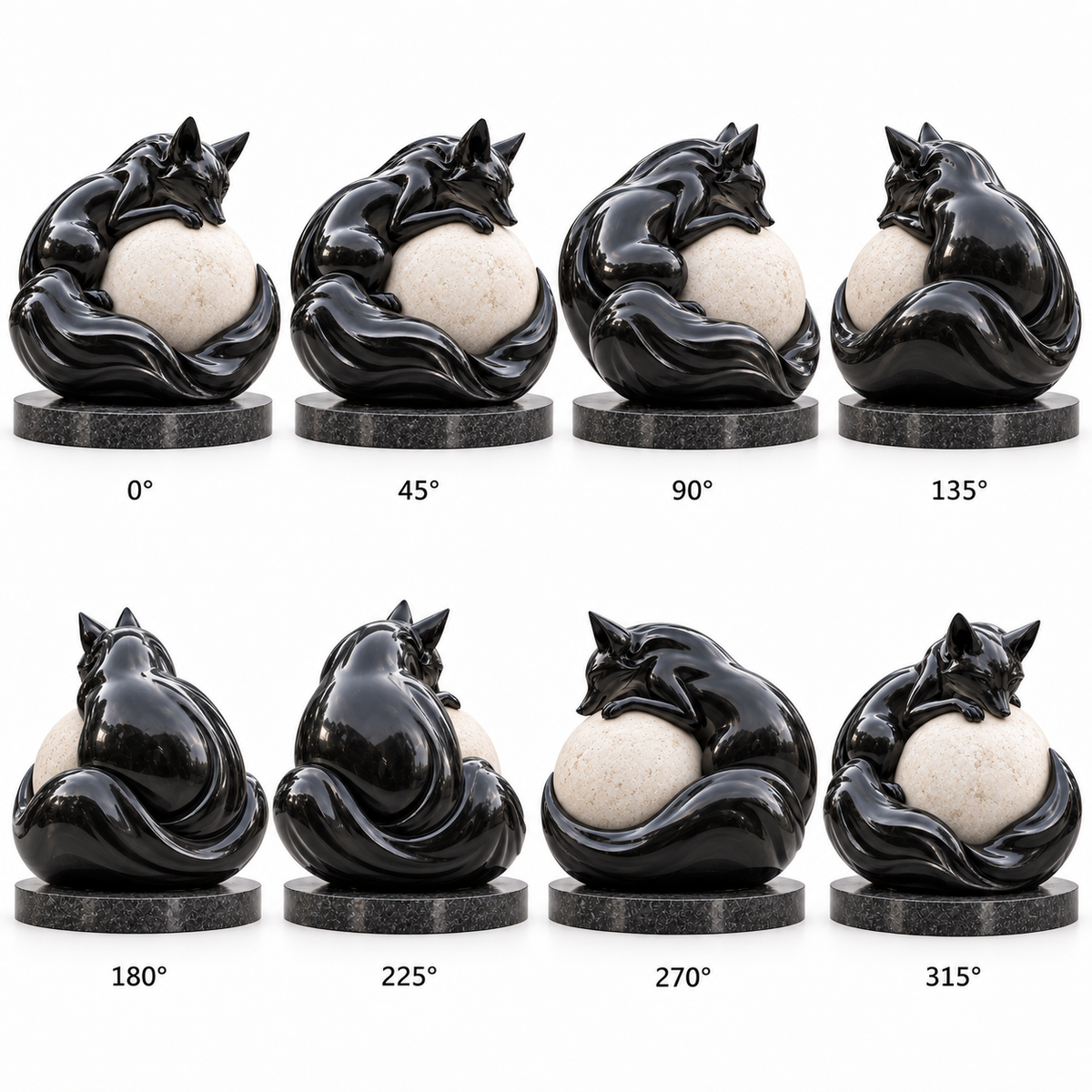 360-degree views of Midnight Embrace black fiberglass fox sculpture curled around an ivory sphere
