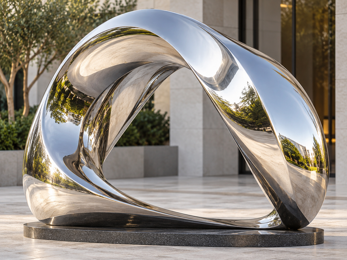 Mirror-polished stainless steel loop sculpture in a modern courtyard.