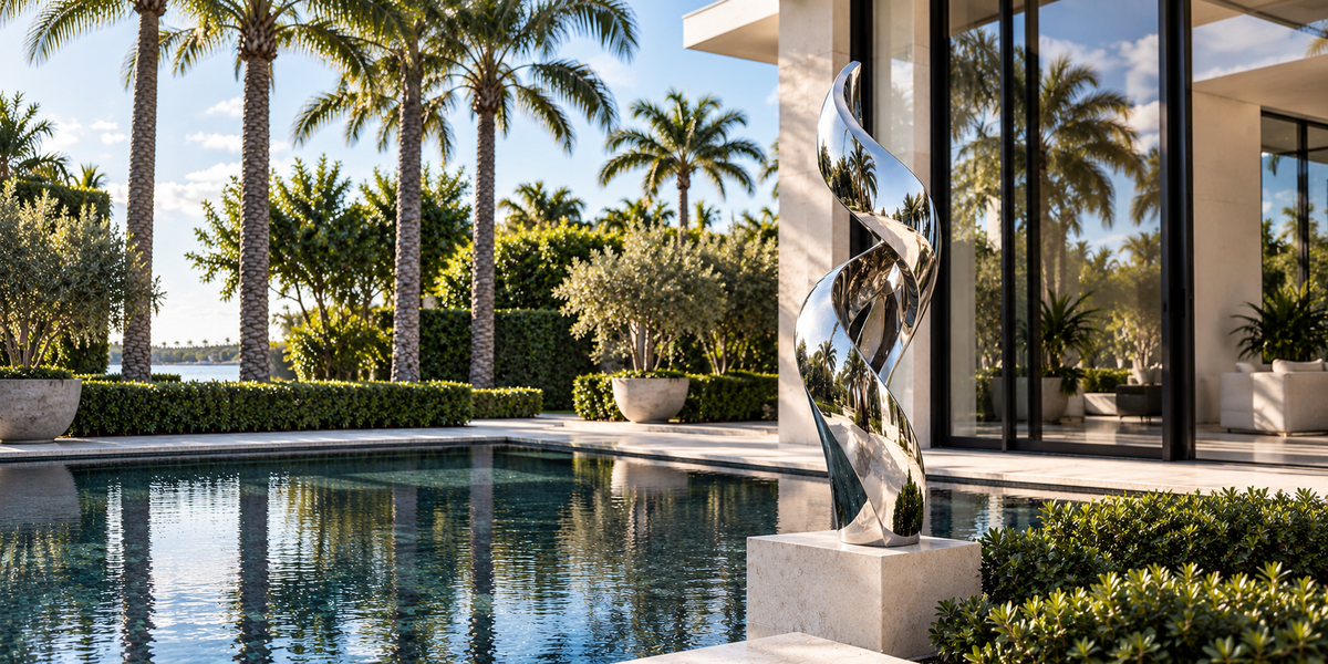 Mirror-polished abstract metal sculpture beside a pool in a palm-lined courtyard.