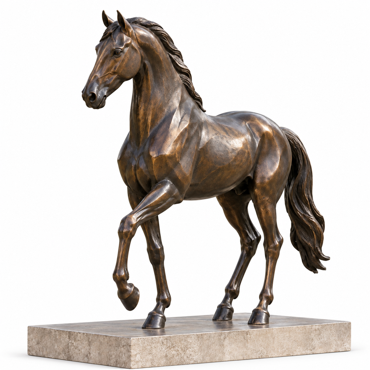 Dark bronze prancing horse sculpture with raised front leg and flowing mane on a white background