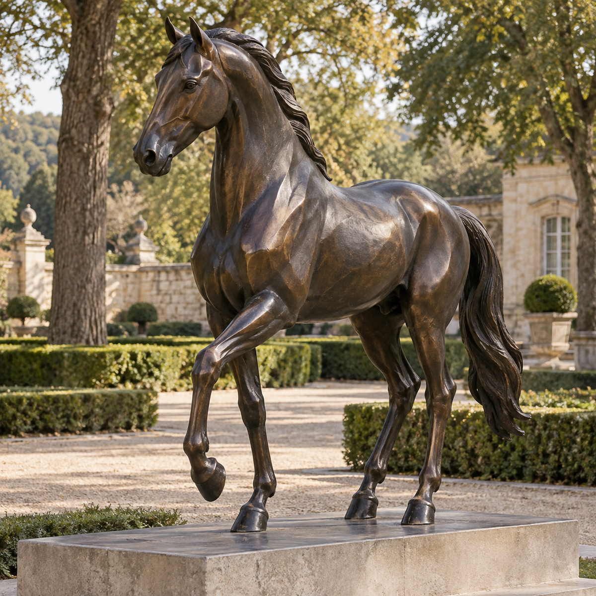 Noble Cadence dark bronze prancing horse sculpture displayed in a classical landscaped garden