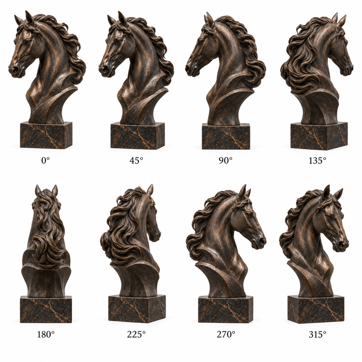 360 degree views of Noble Spirit bronze horse head bust sculpture shown from eight different angles