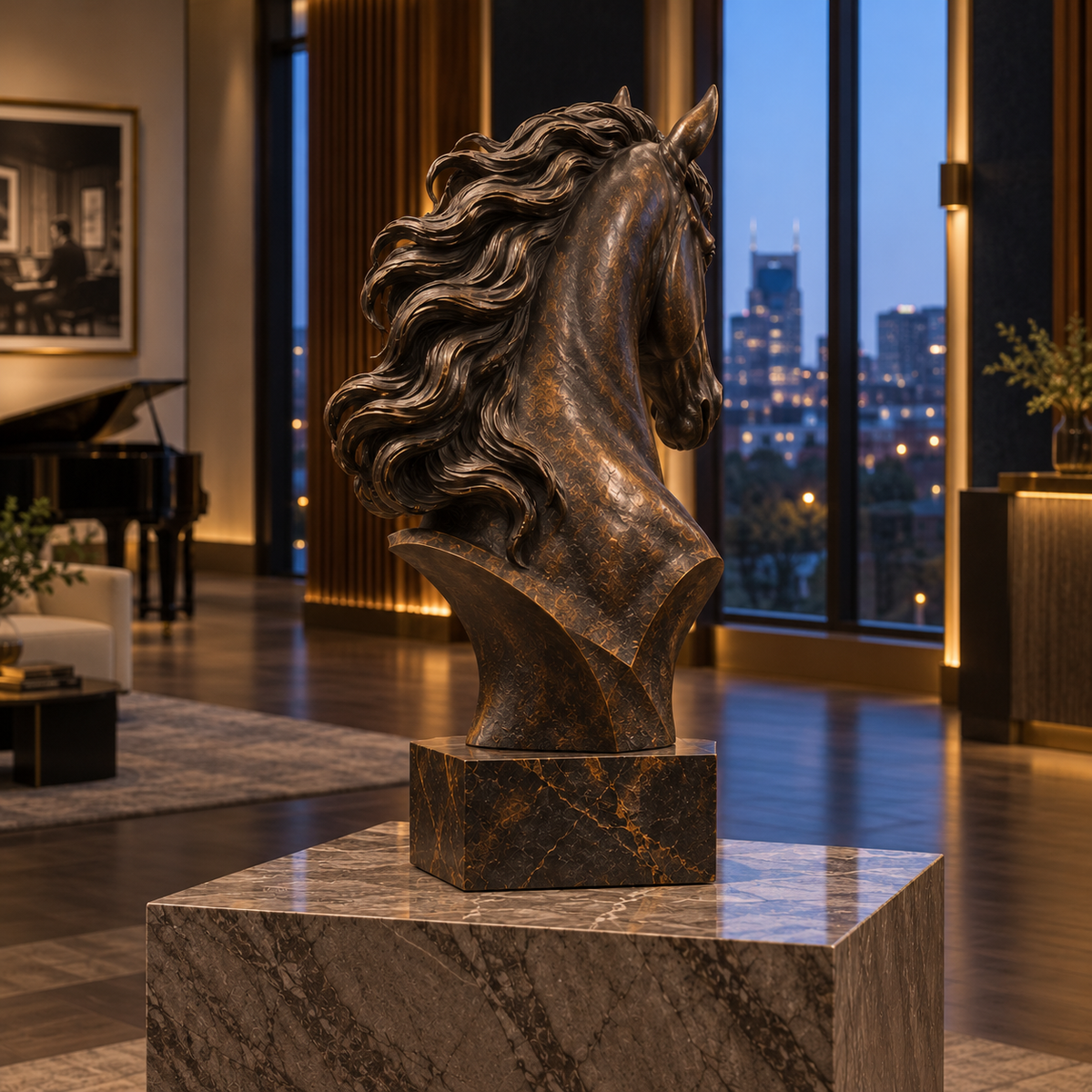 Noble Spirit Bronze Horse Head Bust Sculpture — city-view lounge at dusk viewed from behind.