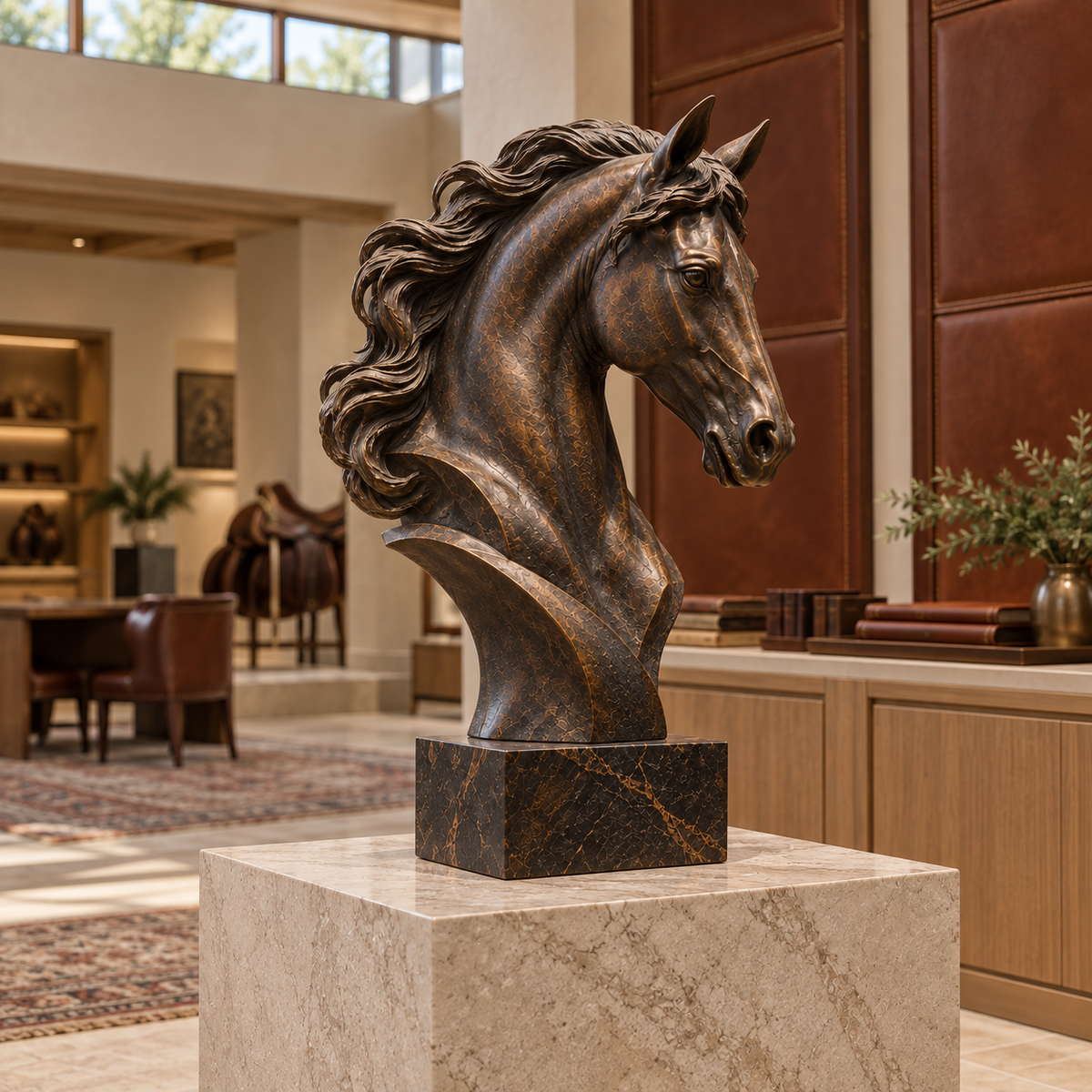 Noble Spirit Bronze Horse Head Bust Sculpture — equestrian-themed lobby.
