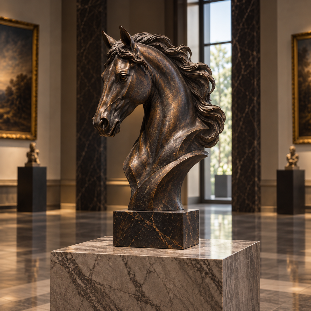 Noble Spirit bronze horse head bust sculpture displayed in a sophisticated indoor home setting