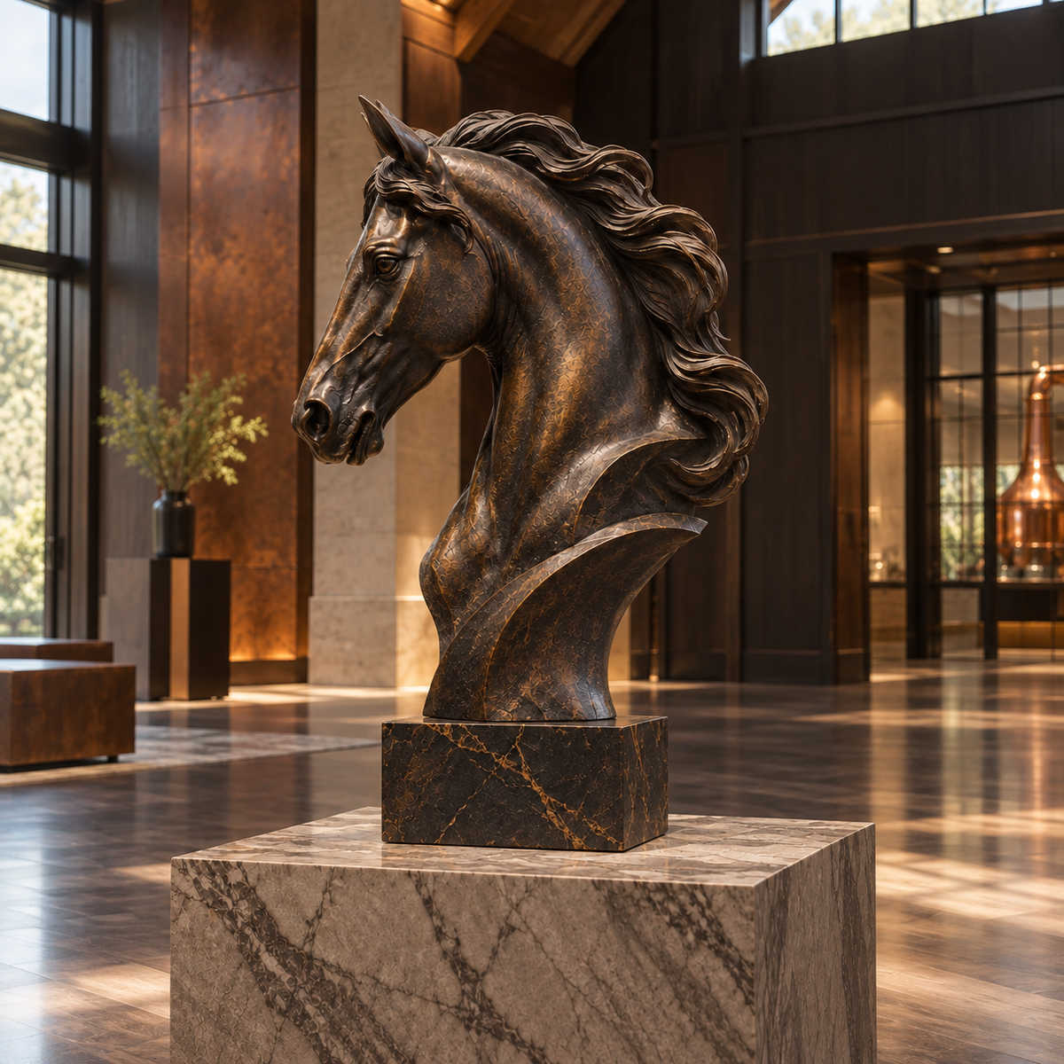 Noble Spirit Bronze Horse Head Bust Sculpture — modern lobby with warm lighting.