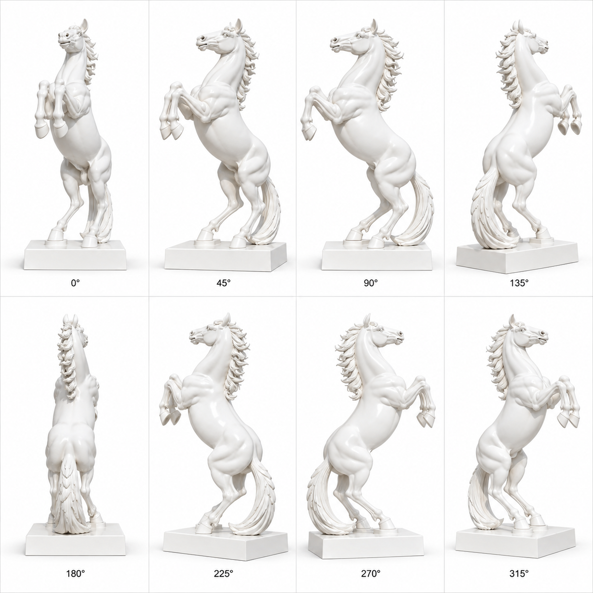 Noble Spirit white marble rearing horse sculpture shown from eight angles in a complete 360-degree product view.