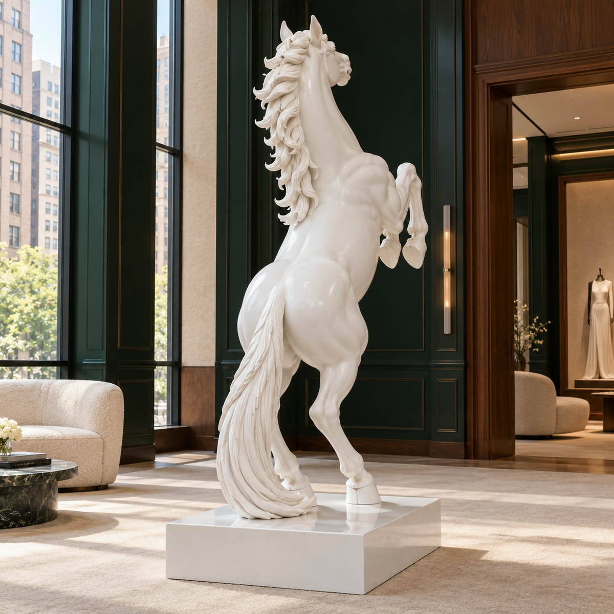 Noble Spirit White Marble Rearing Horse Sculpture — city-view lounge viewed from behind.