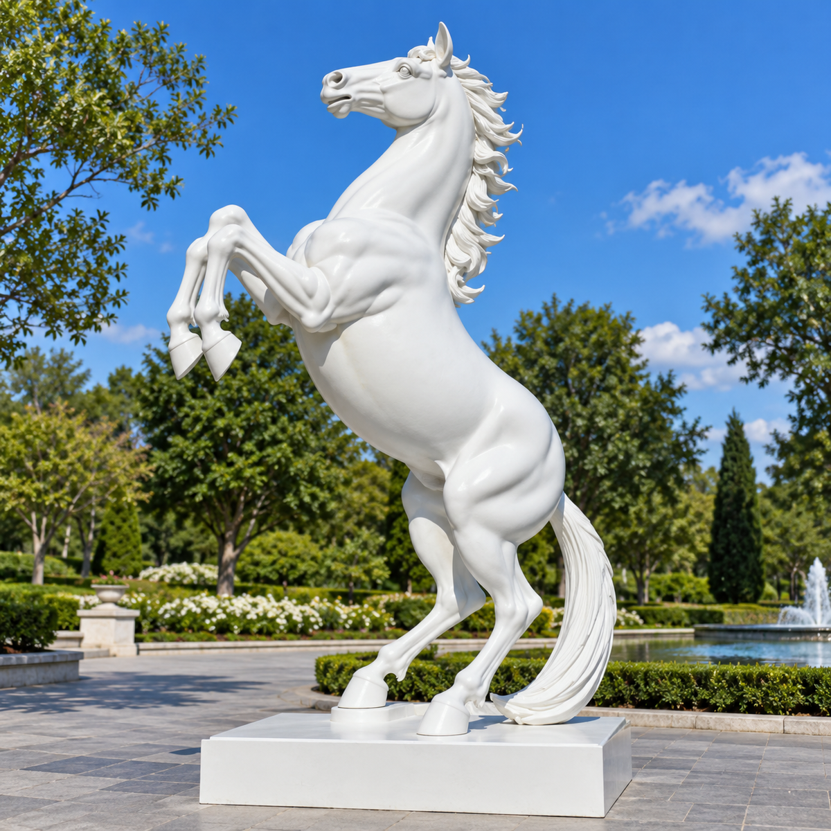 Noble Spirit white marble rearing horse sculpture displayed in a formal landscaped garden with fountain, trees, and blue sky.