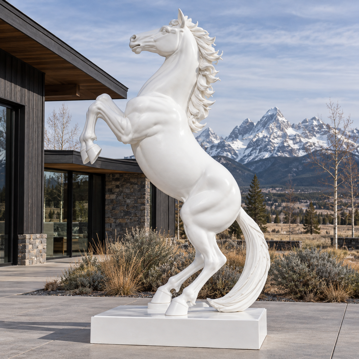 Noble Spirit White Marble Rearing Horse Sculpture — mountain lodge terrace.